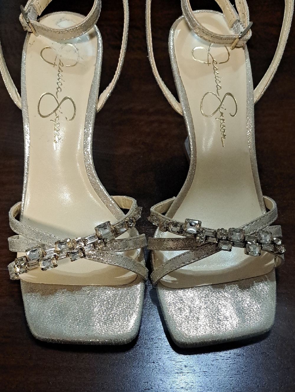 Jessica Simpson Silver Glitter Jeweled Strappy Heels